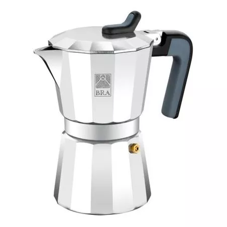 Cafetera italiana BRA Deluxe2 12 tazas de aluminio pulido con mango ergonómico y diseño clásico.