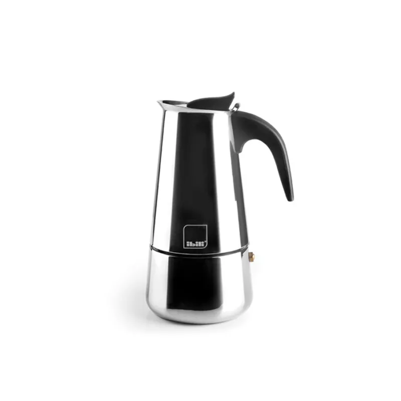 Cafetera italiana Ibili Moca 10 tazas inox inducción con diseño elegante, acabado brillante y material de acero inoxidable.