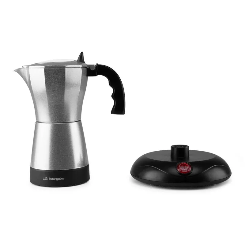 Cafetera moka eléctrica Orbegozo KFE660 6 tazas 480W de acero inoxidable con base negra y diseño moderno.