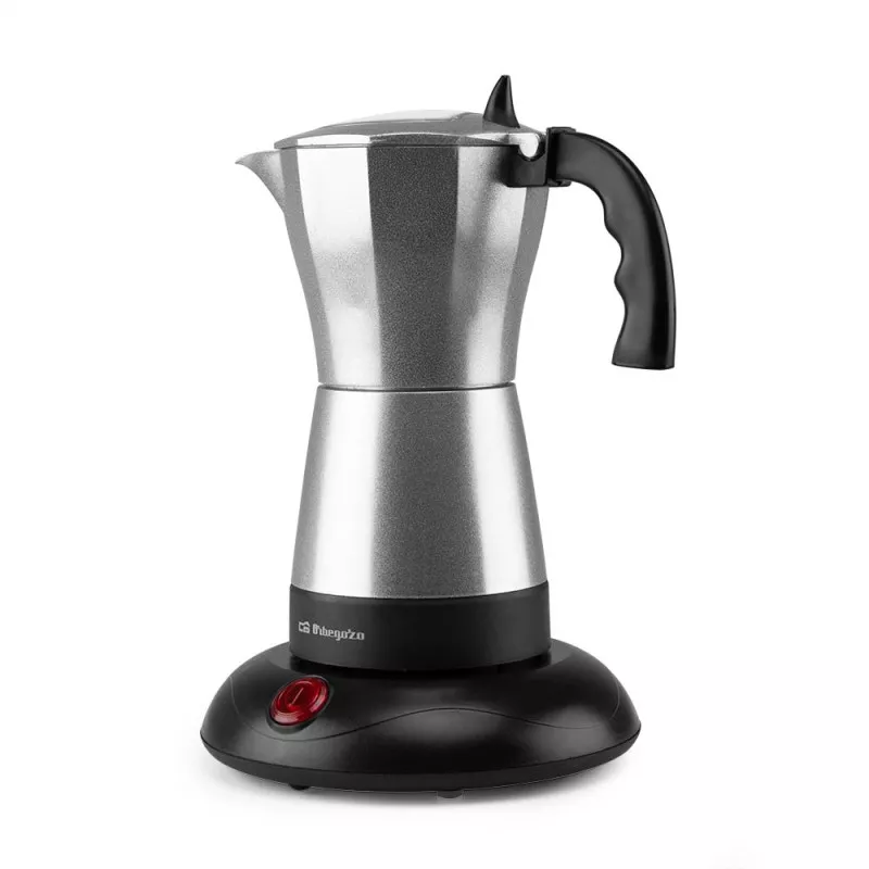 Cafetera moka eléctrica Orbegozo KFE660 6 tazas 480W de acero inoxidable con base negra y diseño moderno.