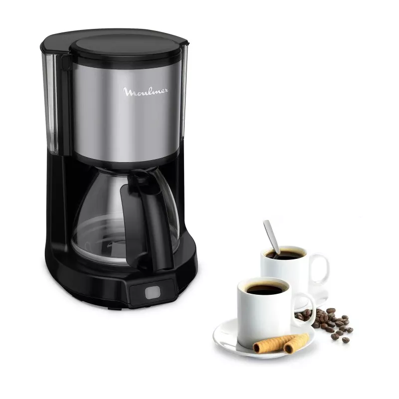 Cafetera de goteo Moulinex Subito FG370811 con diseño negro y plateado, capacidad de 15 tazas y 1000W de potencia.