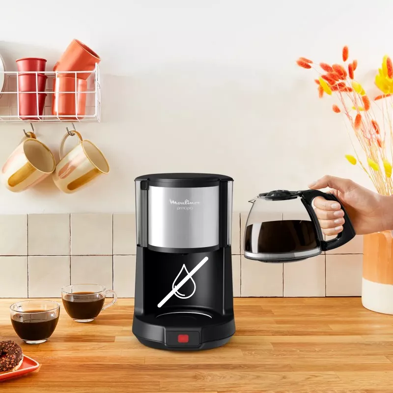 Cafetera de goteo Moulinex Subito FG370811 15 tazas 1000W de diseño negro y acabado en acero inoxidable brillante.