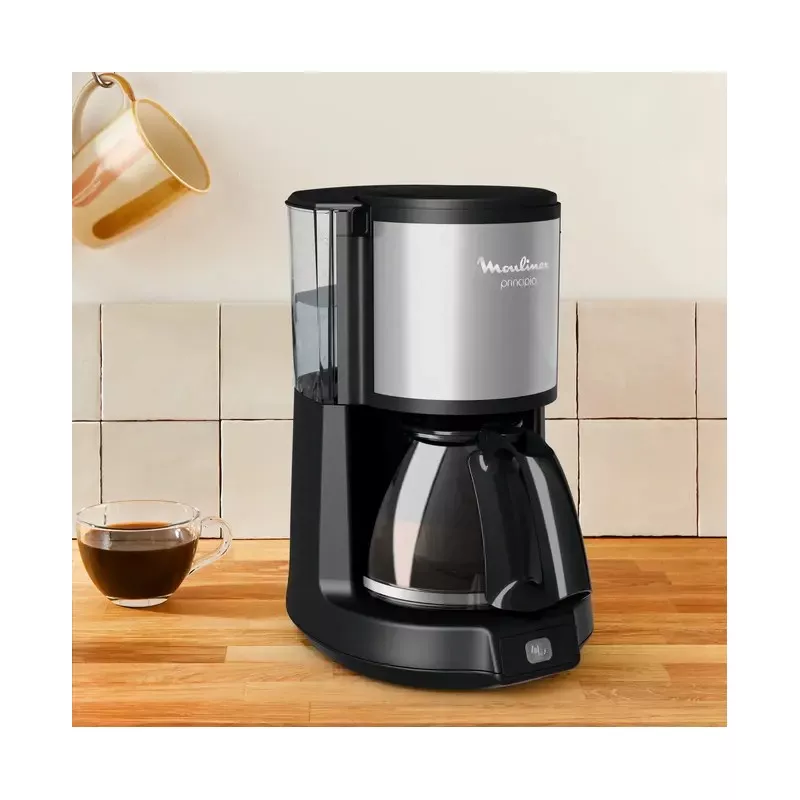 Cafetera de goteo Moulinex Subito FG370811 15 tazas 1000W en negro y acero inoxidable, diseño compacto y moderno.