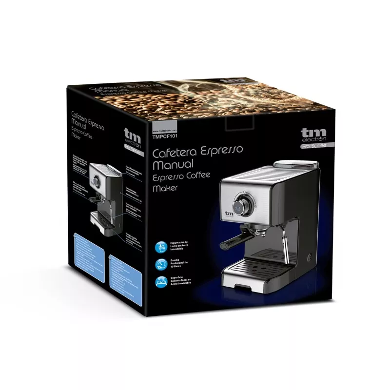 Cafetera espresso TM TMPCF101 15 bar 850W de diseño compacto en color negro y plateado con sistema manual.