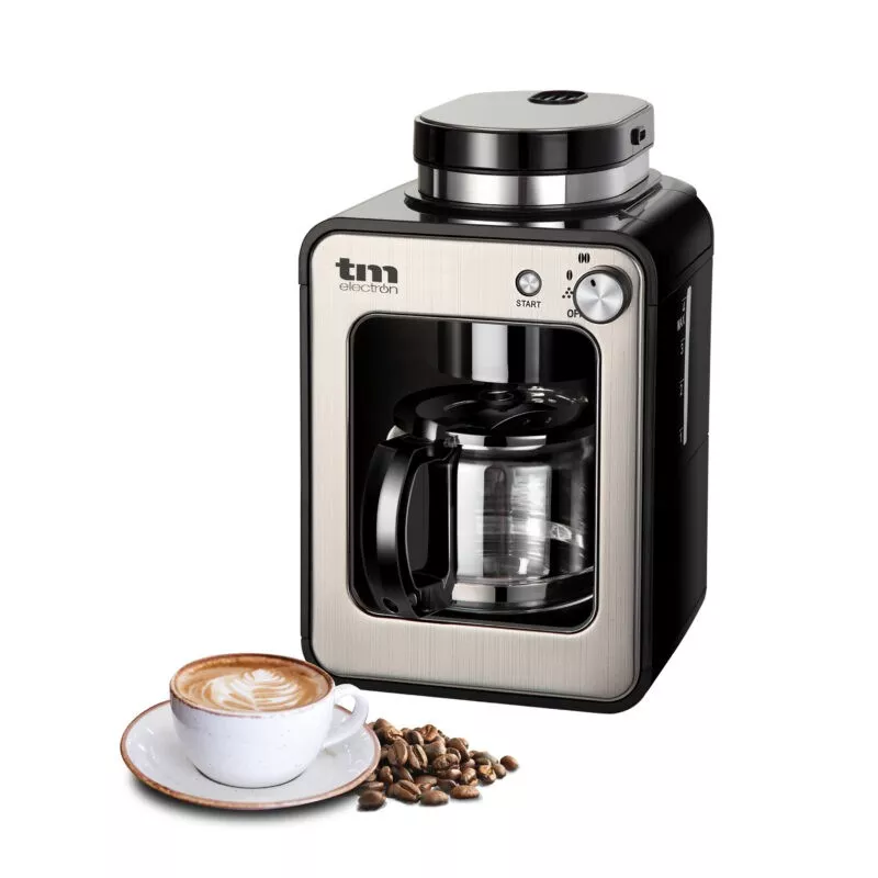 Cafetera con molinillo TM TMPCF020S de acero inoxidable negra, 12 tazas, 1000W, diseño moderno y funcional.