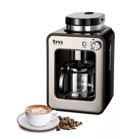 Cafetera con molinillo TM TMPCF020S de acero inoxidable negra, 12 tazas, 1000W, diseño moderno y funcional.