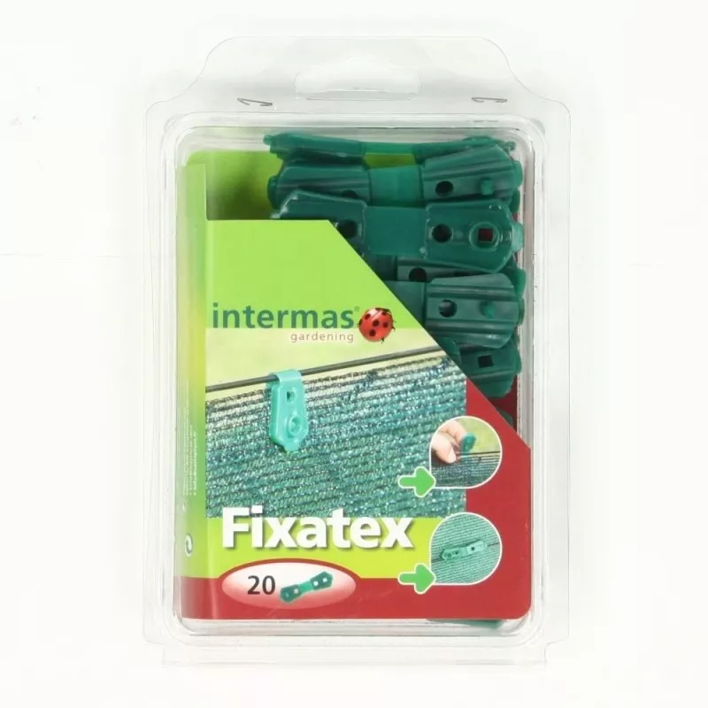 Clips fijación malla Nortene Fixatex verde 20 uds para asegurar mallas en jardines, plástico resistente y color verde.