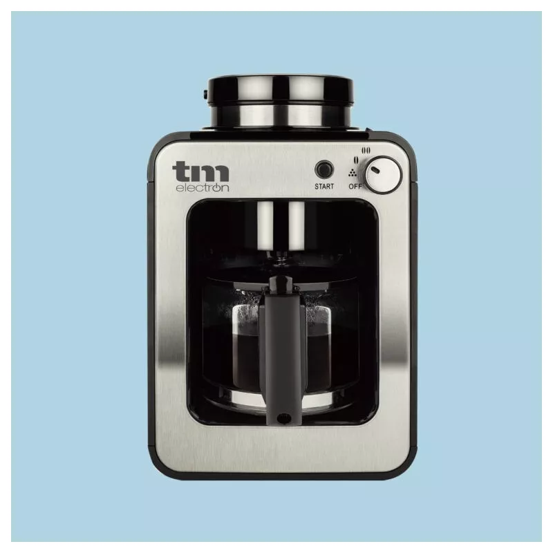 Cafetera con molinillo TM TMPCF020S 12 tazas 1000W acero inoxidable con diseño moderno y acabado pulido.