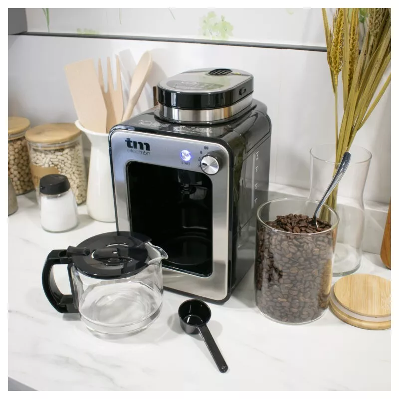 Cafetera con molinillo TM TMPCF020S inox para 12 tazas, 1000W, diseño elegante y moderno con acabado en acero inoxidable.