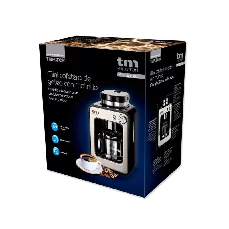 Cafetera con molinillo TM TMPCF020S 12 tazas 1000W inox con diseño moderno y acabado en acero inoxidable brillante