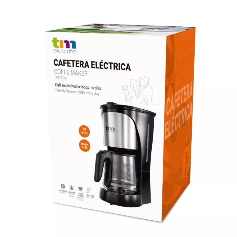 Cafetera de goteo TM PCF005 12 tazas 680W con diseño negro y filtro permanente de acero inoxidable.