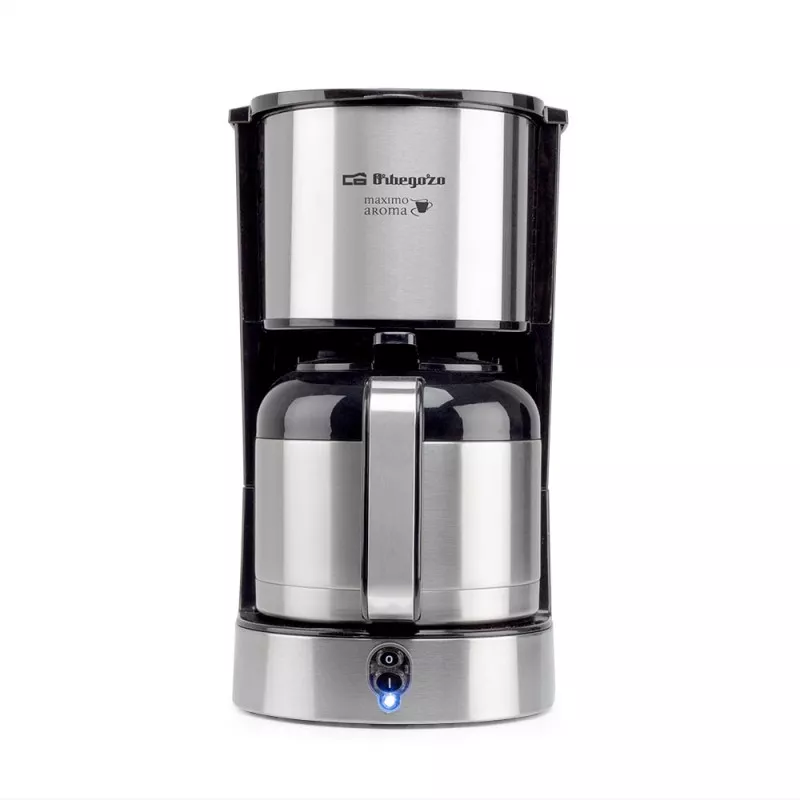 Cafetera de goteo Orbegozo CG5020 12 tazas 800W con jarra de acero inoxidable y diseño moderno en negro.