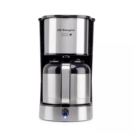 Cafetera de goteo Orbegozo CG5020 12 tazas 800W con jarra de acero inoxidable y diseño moderno en negro.