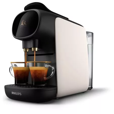 Cafetera cápsulas Philips L\'Or Barista LM9012/00 19 bar crema diseño elegante y moderno en blanco y negro.