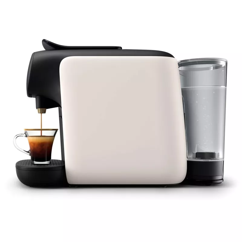 Cafetera cápsulas Philips L\'Or Barista LM9012/00 19 bar crema con diseño moderno y acabado en blanco y negro.