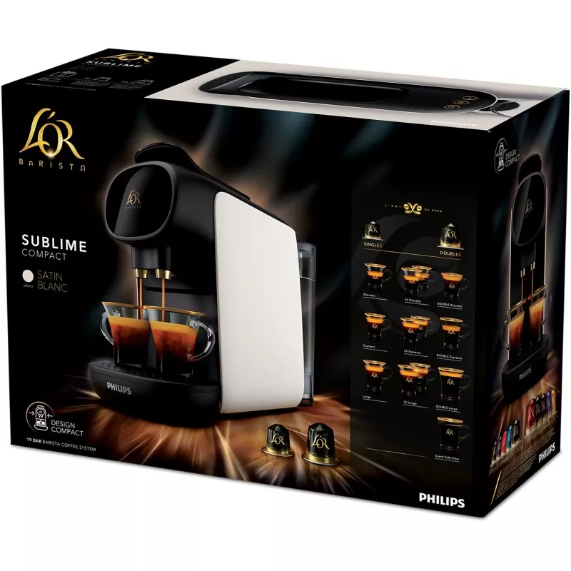 Cafetera cápsulas Philips L\'Or Barista LM9012/00 19 bar crema blanca y negra con diseño compacto y elegante
