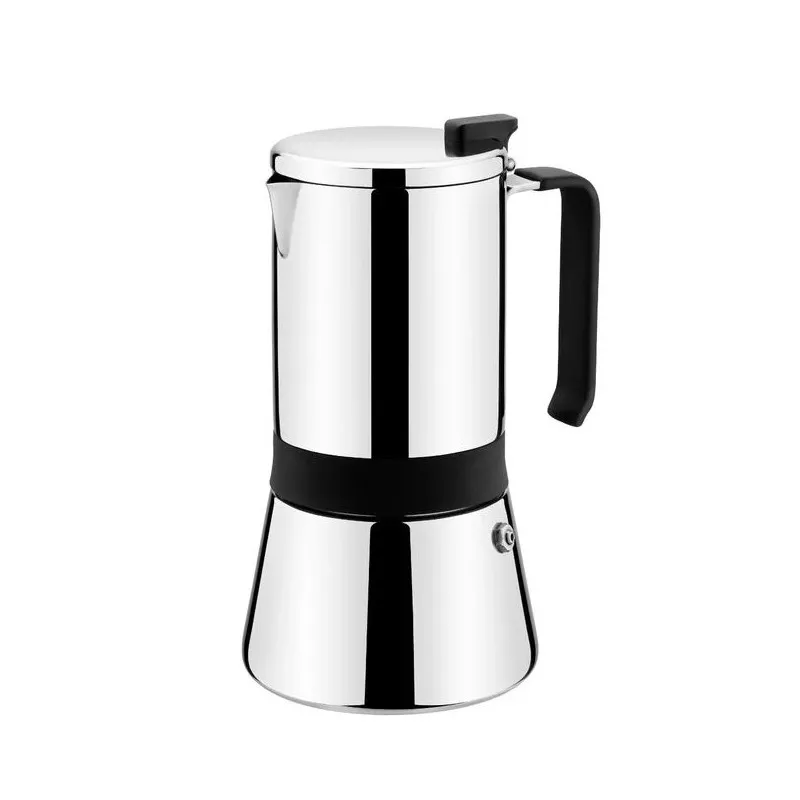 Cafetera italiana Monix Aroma 6 tazas inox inducción con acabado brillante y diseño moderno en acero inoxidable.