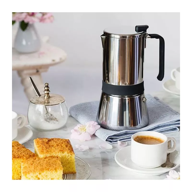 Cafetera italiana Monix Aroma 6 tazas de inox con diseño moderno y base para inducción.