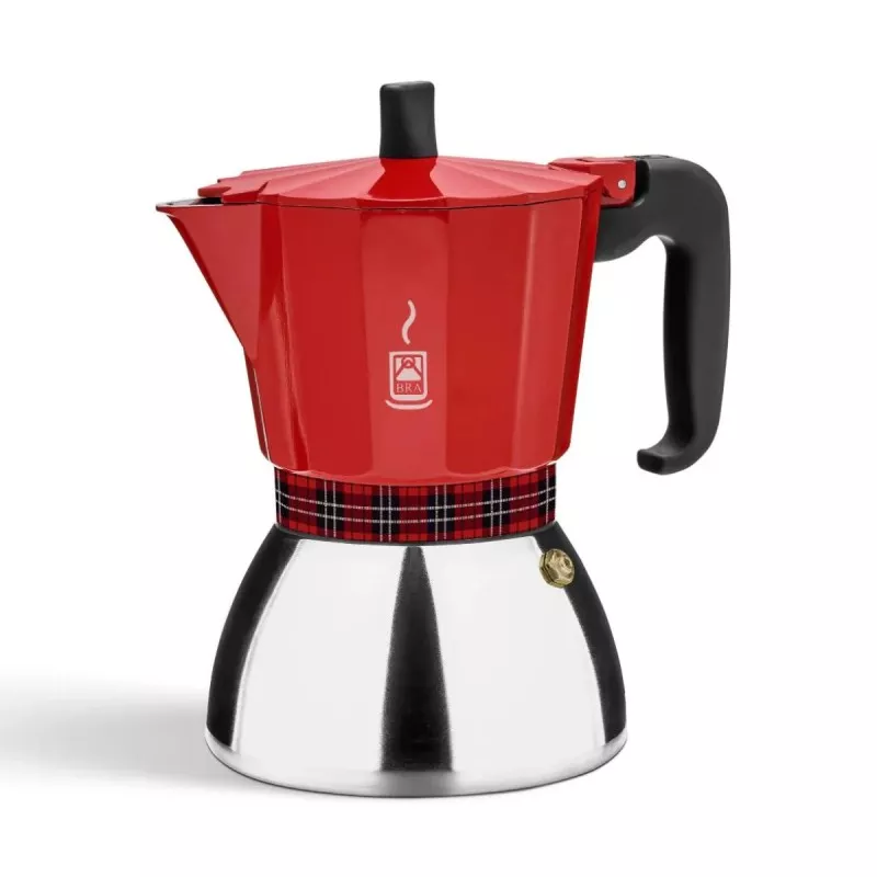 Cafetera italiana BRA Deluxe Induction 6 tazas roja de acero inoxidable con diseño moderno y acabado brillante