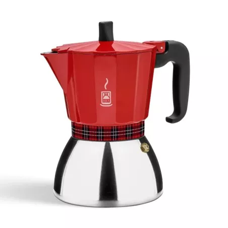Cafetera italiana BRA Deluxe Induction 6 tazas roja de acero inoxidable con diseño moderno y acabado brillante