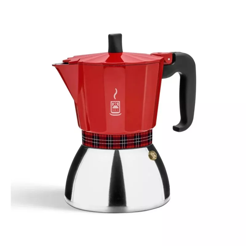 Cafetera italiana BRA Deluxe Induction 9 tazas con acabado rojo y base de acero inoxidable y diseño moderno.
