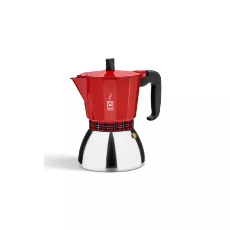 Cafetera italiana BRA Deluxe Induction 12 tazas roja de acero inoxidable con diseño retro y base inductora.