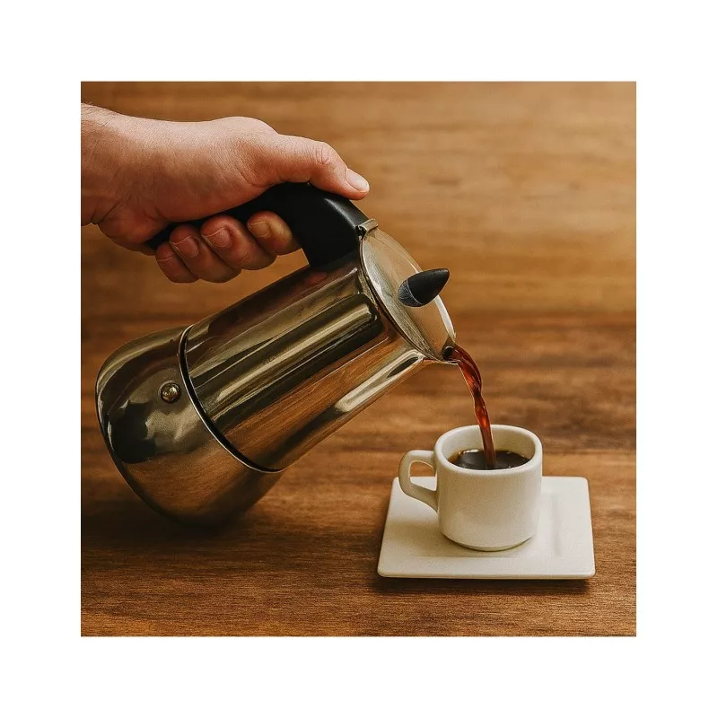 Cafetera italiana Valira Isabella 10 tazas inox inducción con acabado brillante y diseño ergonómico en acero inoxidable