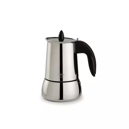 Cafetera italiana Valira Isabella 4 tazas inox inducción con cuerpo inoxidable y diseño moderno en acabado pulido.