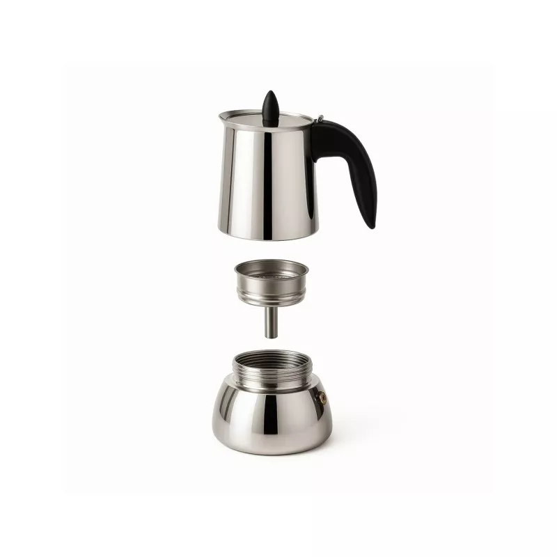 Cafetera italiana Valira Isabella 4 tazas inox inducción con diseño moderno y acabado brillante en acero inoxidable