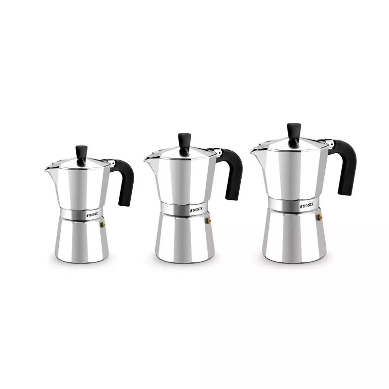 Cafetera italiana Monix Vitroexpres 3 tazas aluminio brillante con mango ergonómico y diseño clásico.