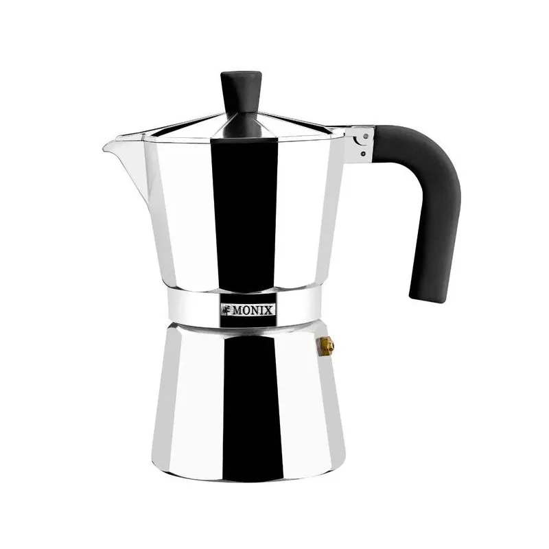 Cafetera italiana Monix Vitroexpres 9 tazas de aluminio brillante con mango negro ergonómico y diseño clásico.