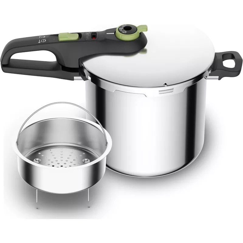 Olla a presión Tefal Secure Trendy 8 L inox inducción con diseño robusto y accesorio vaporera de acero inoxidable.