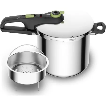 Olla a presión Tefal Secure Trendy 8 L inox inducción con diseño robusto y accesorio vaporera de acero inoxidable.
