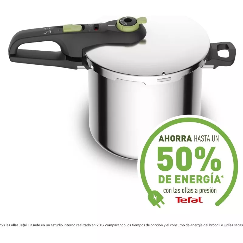 Olla a presión Tefal Secure Trendy 8 L inox inducción con acabado brillante y diseño ergonométrico en negro y verde.