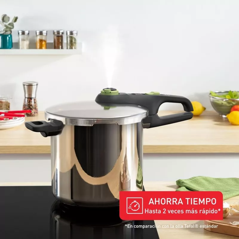 Olla a presión Tefal Secure Trendy 8 L inox inducción con diseño moderno y tapadera segura, ideal para cocinar rápidamente.