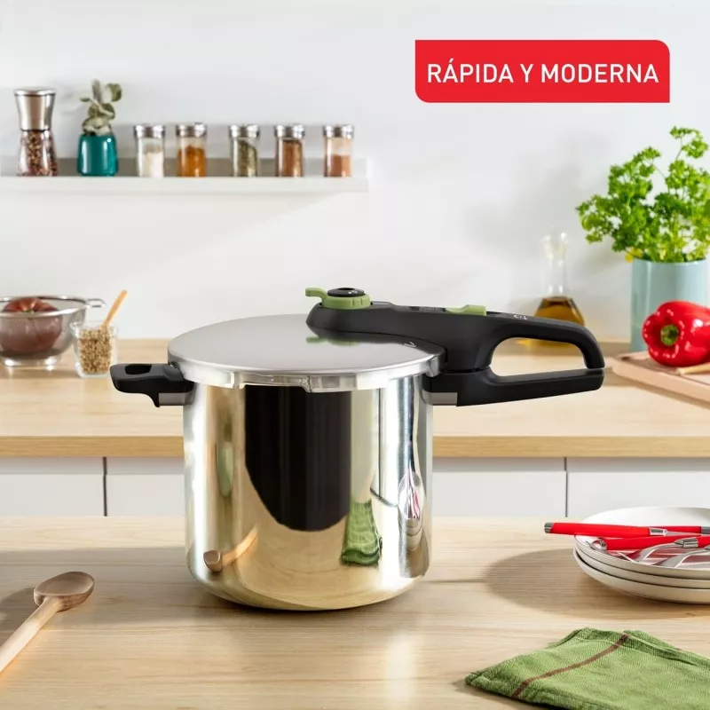 Olla a presión Tefal Secure Trendy 8 L inox inducción con diseño moderno y acabado pulido, ideal para cocina rápida.