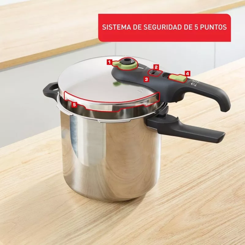 Olla a presión Tefal Secure Trendy 8 L inox inducción con sistema de seguridad, diseño elegante y acabado brillante
