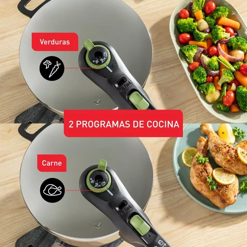 Olla a presión Tefal Secure Trendy 8 L inox inducción con diseño moderno y dos programas de cocción para verduras y carne.