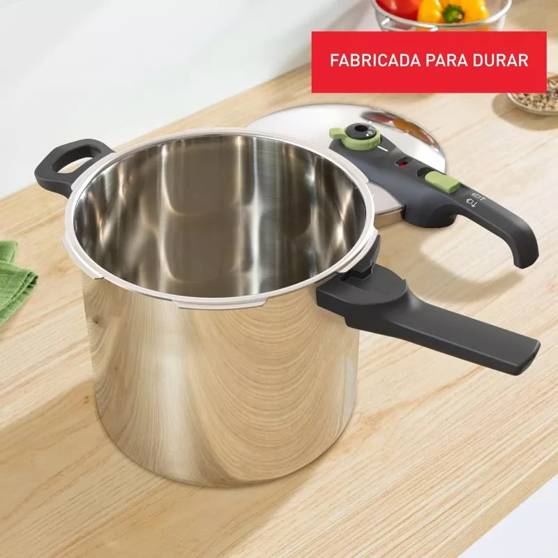 Olla a presión Tefal Secure Trendy 8 L inox inducción con acabado pulido y asas ergonómicas para fácil manejo
