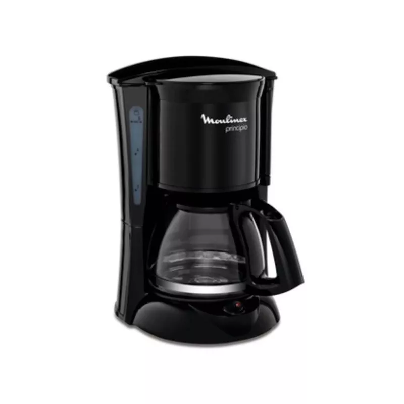 Cafetera de goteo Moulinex FG152832 Principio 6 tazas 600W color negro con jarra de vidrio y diseño compacto.