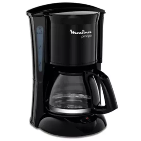 Cafetera de goteo Moulinex FG152832 Principio 6 tazas 600W color negro con jarra de vidrio y diseño compacto.