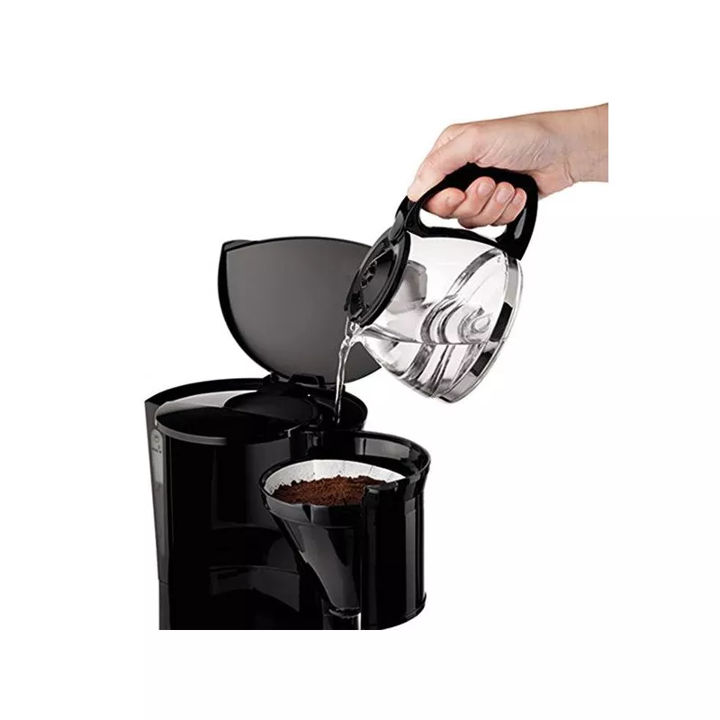 Cafetera de goteo Moulinex FG152832 Principio 6 tazas 600W negra con diseño compacto y jarra transparente.