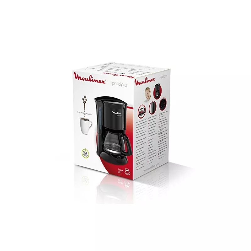 Cafetera de goteo Moulinex FG152832 Principio 6 tazas 600W color negro con diseño moderno y jarra de cristal.