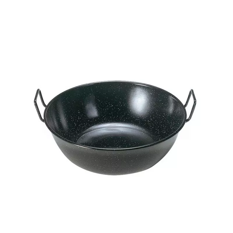 Sartén honda Garcima 45 cm de acero esmaltado negro con asas, ideal para cocinar a fuego lento.