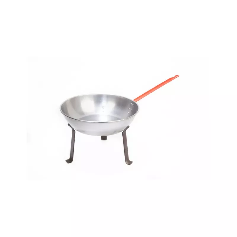 Sartén Calderería Artesana 4042 28 cm hierro con patas y mango de madera roja, acabado pulido y diseño robusto.