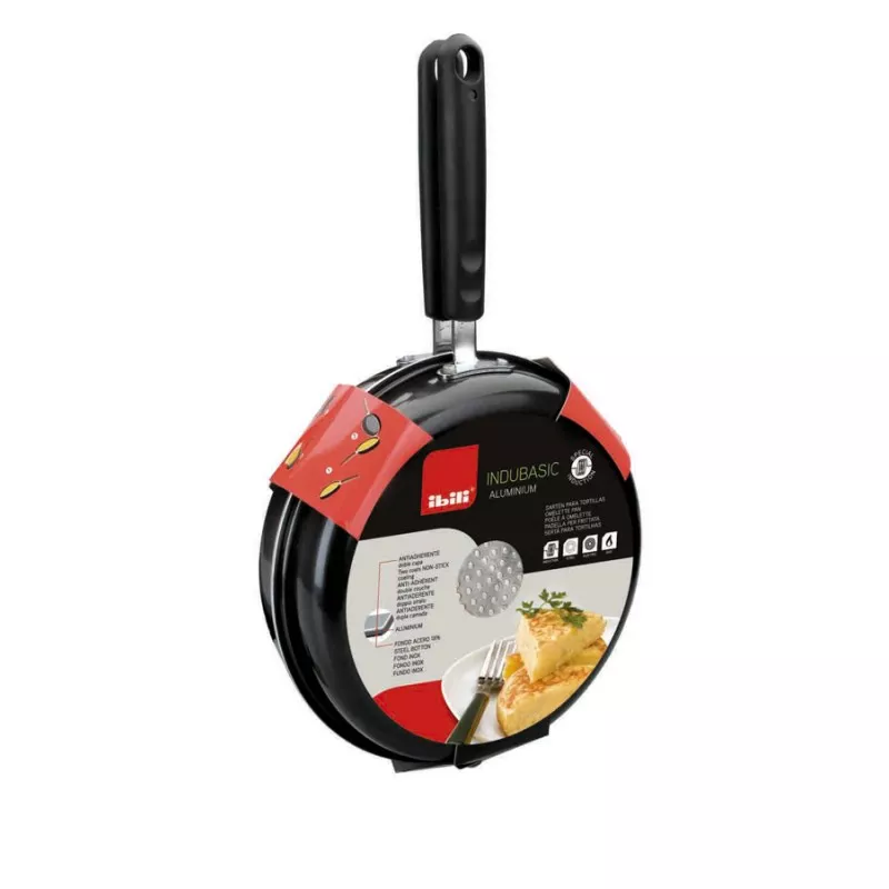 Sartén tortilla Ibili Indubasic 24 cm de aluminio, inducción, color negro, diseño antiadherente y mango ergonómico.