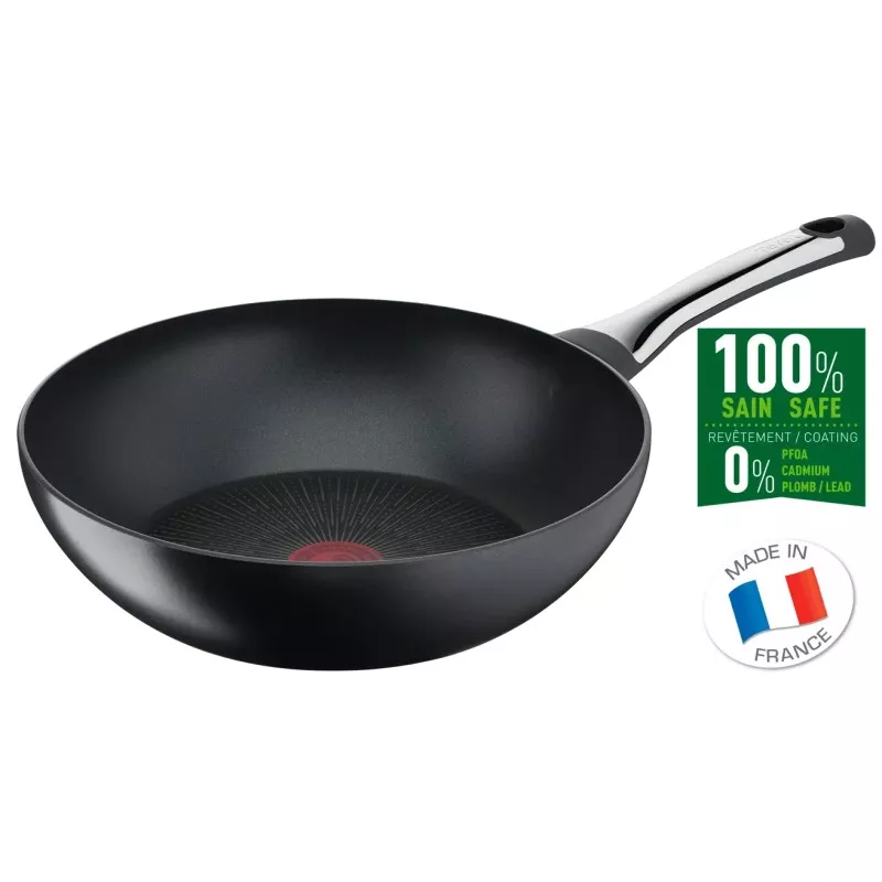 Wok Tefal Excellence 28 cm antiadherente en color negro, diseño profesional, compatible con inducción.