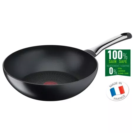 Wok Tefal Excellence 28 cm antiadherente en color negro, diseño profesional, compatible con inducción.