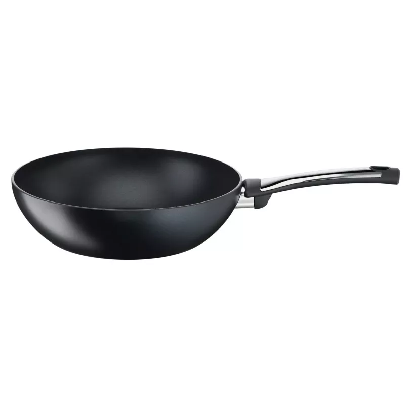 Wok Tefal Excellence 28 cm antiadherente inducción en color negro, diseño moderno y duradero con mango ergonómico.