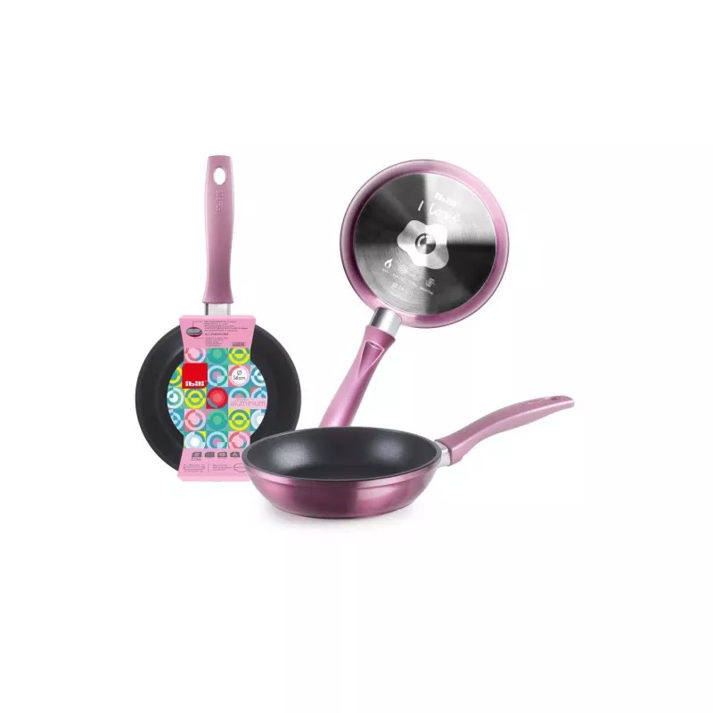 Sartén mini Ibili 404014F 14 cm de aluminio inducción color pitaya con acabado antiadherente y diseño ligero.